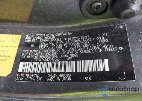 2008 Toyota Highlander from USA, damaged, VIN JTEES41A182046365